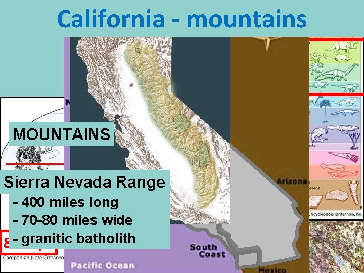 California - mountains 70 mya 250 mya MOUNTAINS co - 400 miles long -