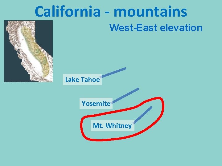 California - mountains West-East elevation Lake Tahoe Yosemite Mt. Whitney 