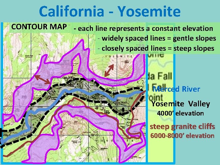 California - Yosemite CONTOUR MAP - each line represents a constant elevation - widely