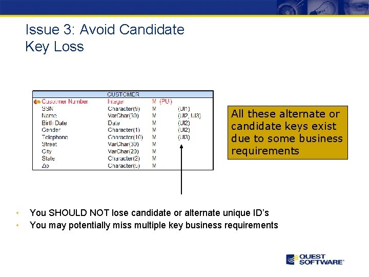 Issue 3: Avoid Candidate Key Loss All these alternate or candidate keys exist due
