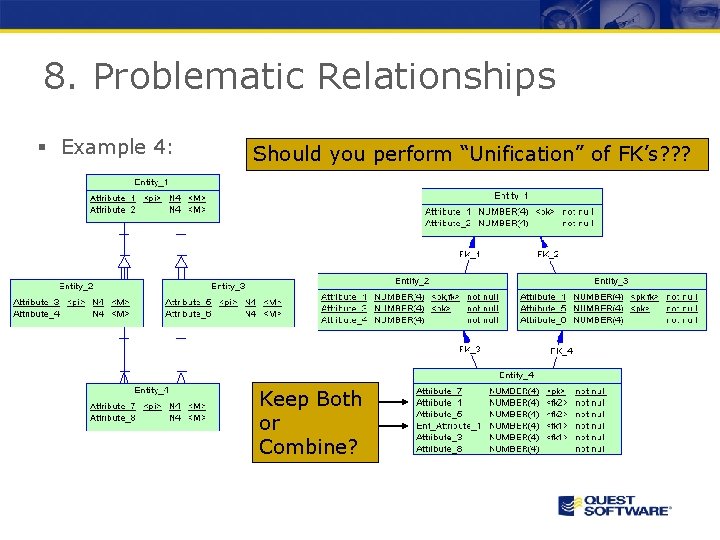 8. Problematic Relationships § Example 4: Should you perform “Unification” of FK’s? ? ?