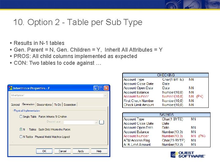 10. Option 2 - Table per Sub Type § Results in N-1 tables §