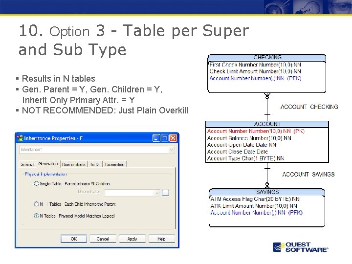 10. Option 3 - Table per Super and Sub Type § Results in N