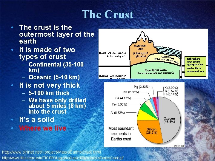 The Crust • The crust is the outermost layer of the earth • It