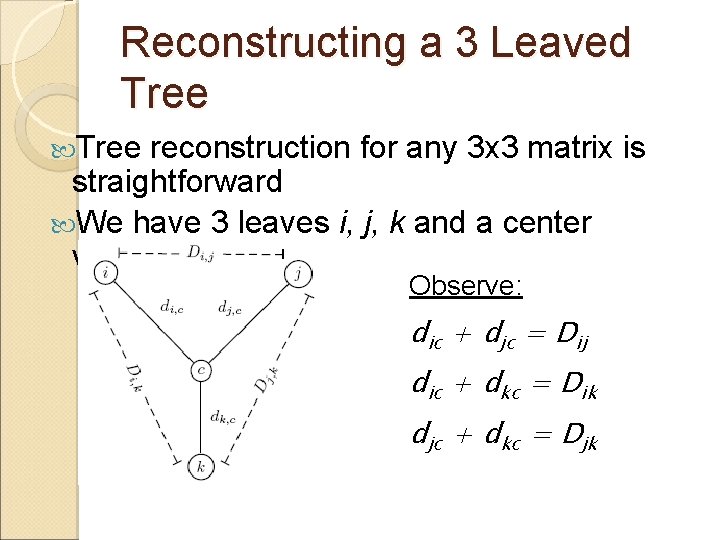Reconstructing a 3 Leaved Tree reconstruction for any 3 x 3 matrix is straightforward