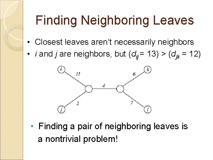 Finding Neighboring Leaves • Closest leaves aren’t necessarily neighbors • i and j are