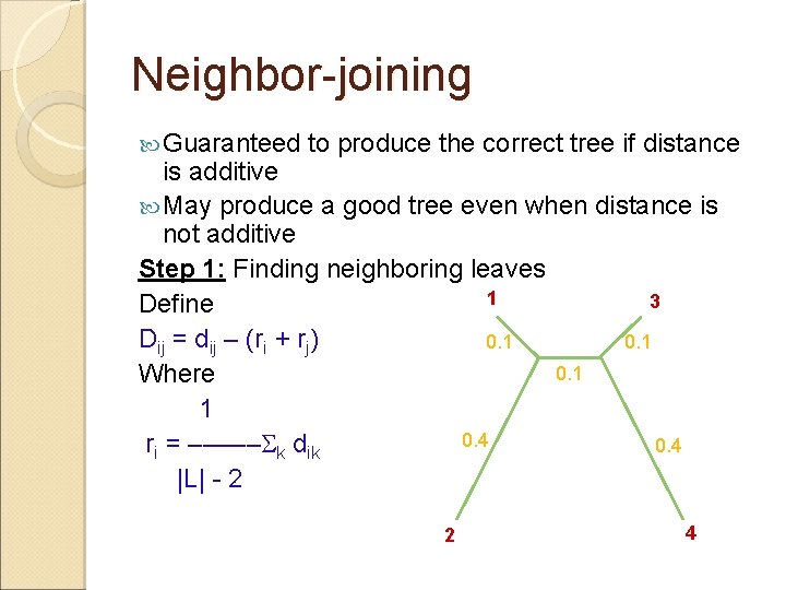 Neighbor-joining Guaranteed to produce the correct tree if distance is additive May produce a