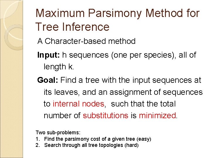Maximum Parsimony Method for Tree Inference A Character-based method Input: h sequences (one per