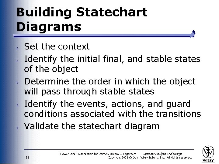 Building Statechart Diagrams Set the context Identify the initial final, and stable states of