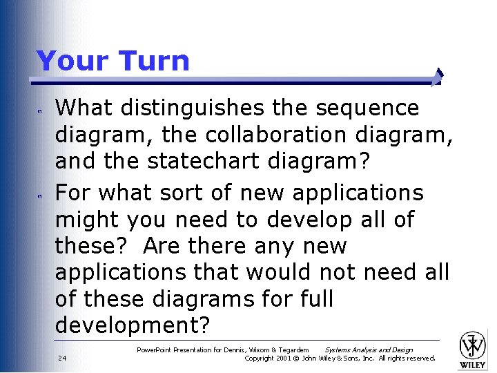 Your Turn What distinguishes the sequence diagram, the collaboration diagram, and the statechart diagram?