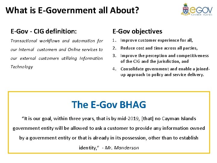 What is E-Government all About? E-Gov - CIG definition: E-Gov objectives Transactional workflows and