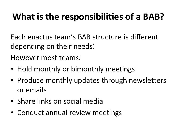 What is the responsibilities of a BAB? Each enactus team’s BAB structure is different