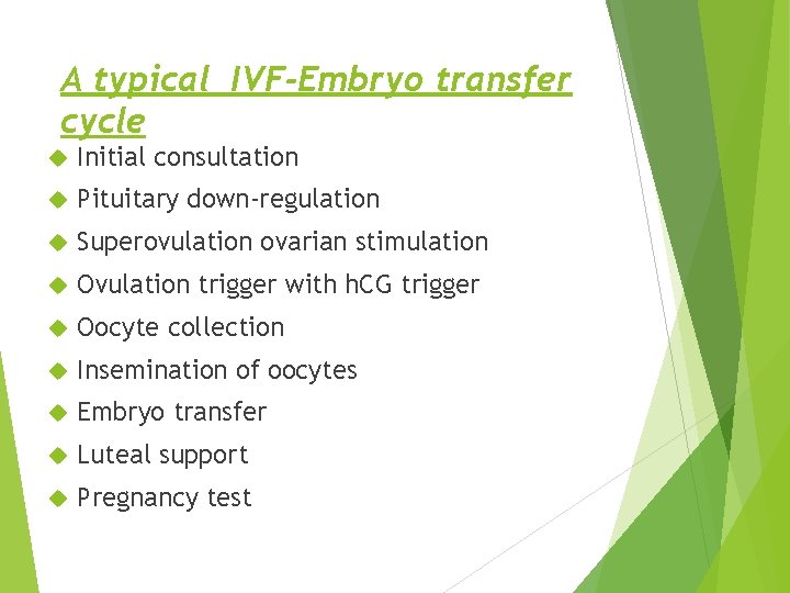 A typical IVF-Embryo transfer cycle Initial consultation Pituitary down-regulation Superovulation ovarian stimulation Ovulation trigger