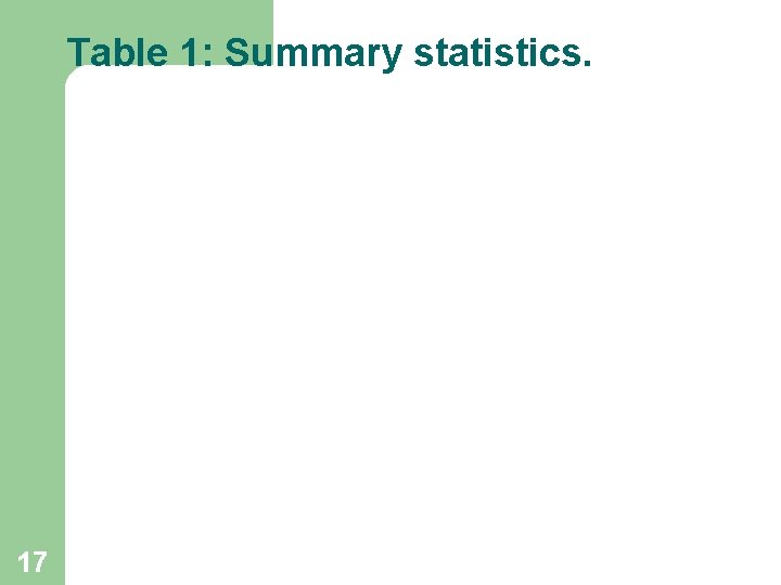 Table 1: Summary statistics. 17 