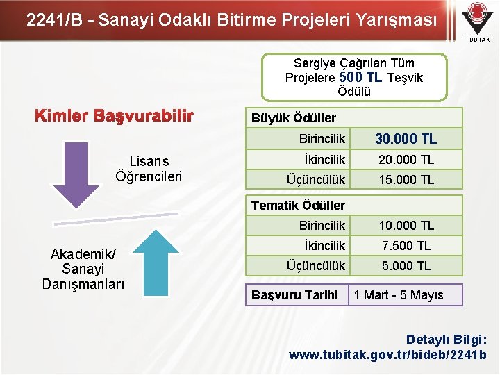 2241/B - Sanayi Odaklı Bitirme Projeleri Yarışması TÜBİTAK Sergiye Çağrılan Tüm Projelere 500 TL