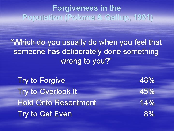 Forgiveness in the Population (Poloma & Gallup, 1991) “Which do you usually do when