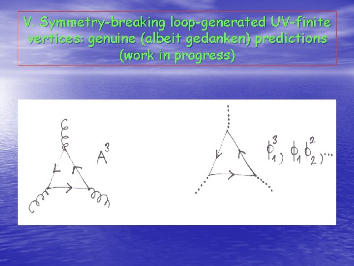 V. Symmetry-breaking loop-generated UV-finite vertices: genuine (albeit gedanken) predictions (work in progress) 