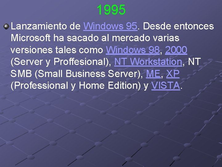 1995 Lanzamiento de Windows 95. Desde entonces Microsoft ha sacado al mercado varias versiones