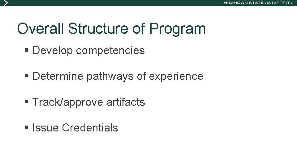 Overall Structure of Program § Develop competencies § Determine pathways of experience § Track/approve
