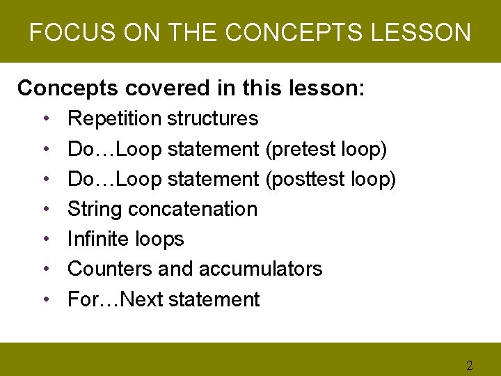 FOCUS ON THE CONCEPTS LESSON Concepts covered in this lesson: • Repetition structures •