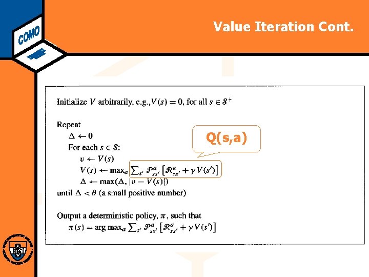 Computational Modeling Lab Value Iteration Cont. Q(s, a) 