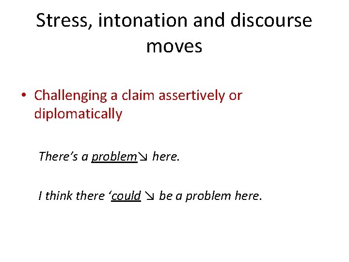 Stress, intonation and discourse moves • Challenging a claim assertively or diplomatically There’s a