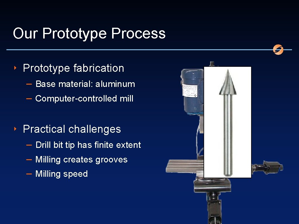 Our Prototype Process ‣ Prototype fabrication – Base material: aluminum – Computer-controlled mill ‣