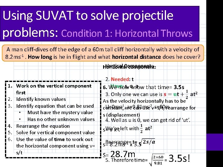 Using SUVAT to solve projectile problems: Condition 1: Horizontal Throws A man cliff-dives off