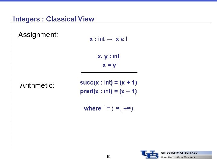 Integers : Classical View Assignment: x : int → x є I x, y