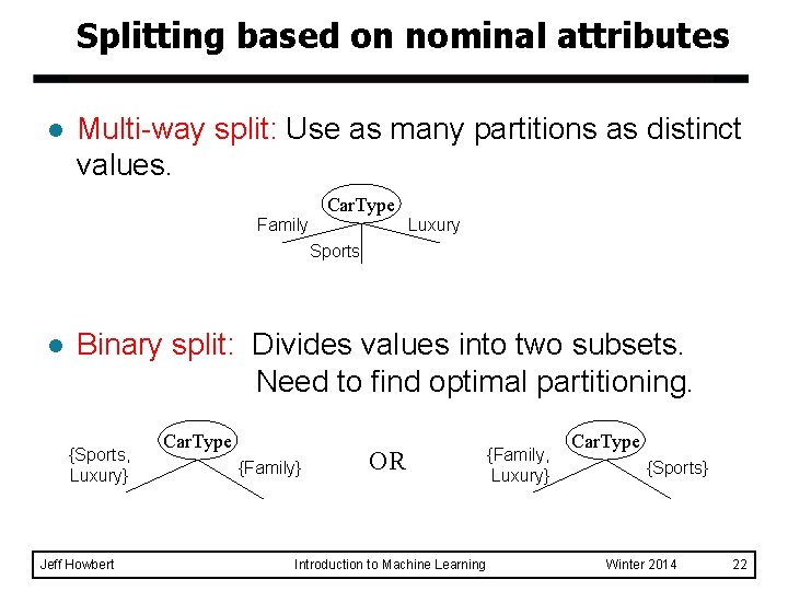 Splitting based on nominal attributes l Multi-way split: Use as many partitions as distinct