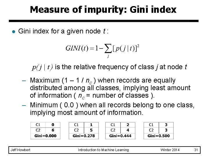 Measure of impurity: Gini index l Gini index for a given node t :