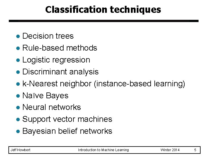 Classification techniques Decision trees l Rule-based methods l Logistic regression l Discriminant analysis l