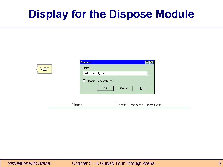Display for the Dispose Module Simulation with Arena Chapter 3 – A Guided Tour Display for the Dispose Module Simulation with Arena Chapter 3 – A Guided Tour
