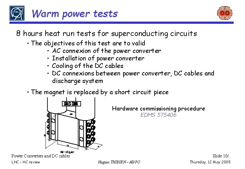 Warm power tests 8 hours heat run tests for superconducting circuits • The objectives