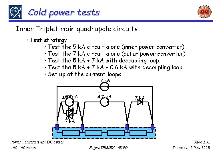 Cold power tests Inner Triplet main quadrupole circuits • Test strategy • Test the