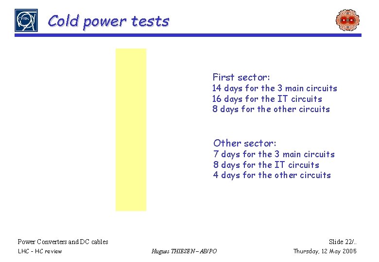Cold power tests First sector: 14 days for the 3 main circuits 16 days