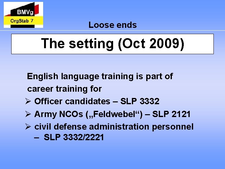 7 Loose ends The setting (Oct 2009) English language training is part of career