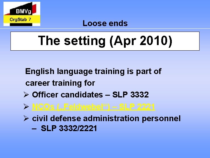 7 Loose ends The setting (Apr 2010) English language training is part of career