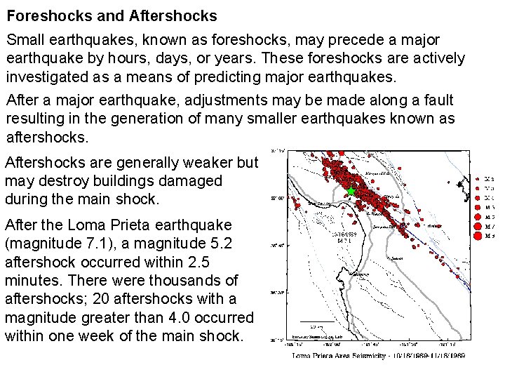 Foreshocks and Aftershocks Small earthquakes, known as foreshocks, may precede a major earthquake by