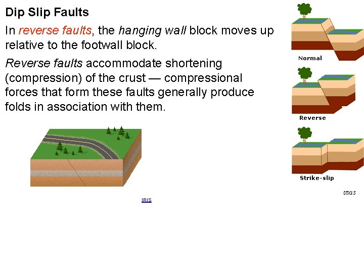 Dip Slip Faults In reverse faults, the hanging wall block moves up relative to