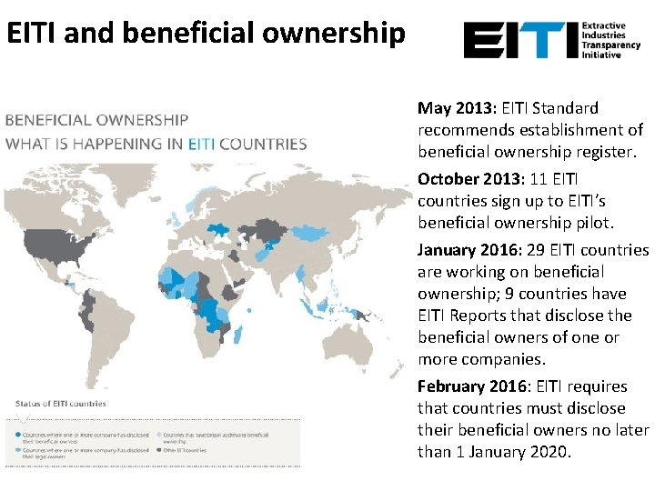 EITI and beneficial ownership May 2013: EITI Standard recommends establishment of beneficial ownership register.