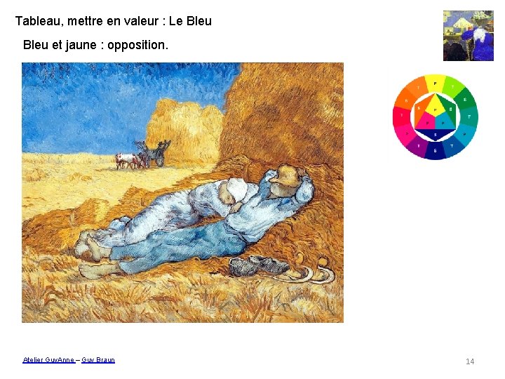 Tableau, mettre en valeur : Le Bleu et jaune : opposition. Van Gogh Atelier