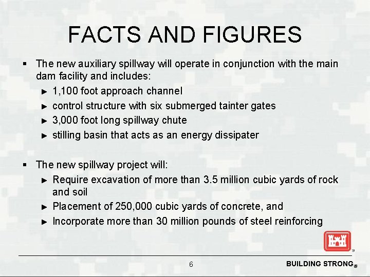 FACTS AND FIGURES § The new auxiliary spillway will operate in conjunction with the