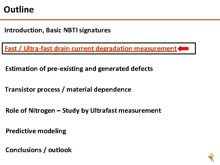 Outline Introduction, Basic NBTI signatures Fast / Ultra-fast drain current degradation measurement Estimation of