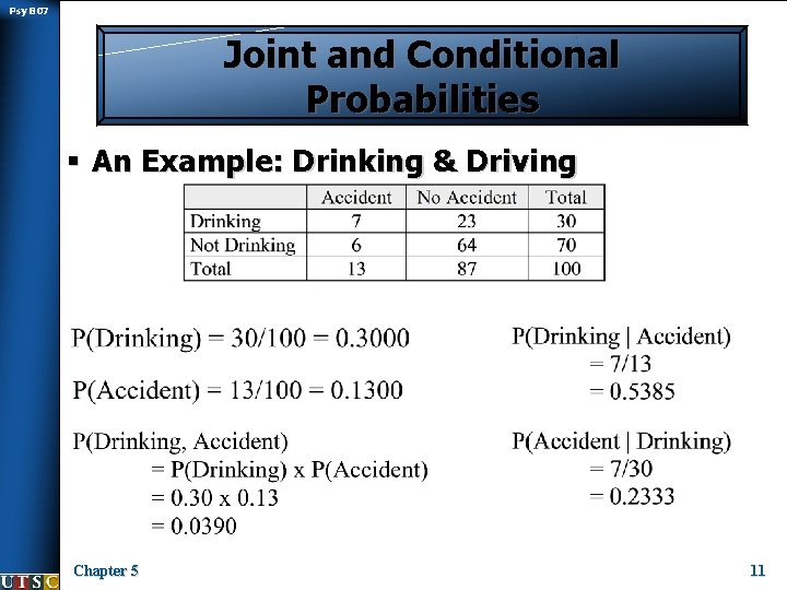 Psy B 07 Joint and Conditional Probabilities § An Example: Drinking & Driving Chapter