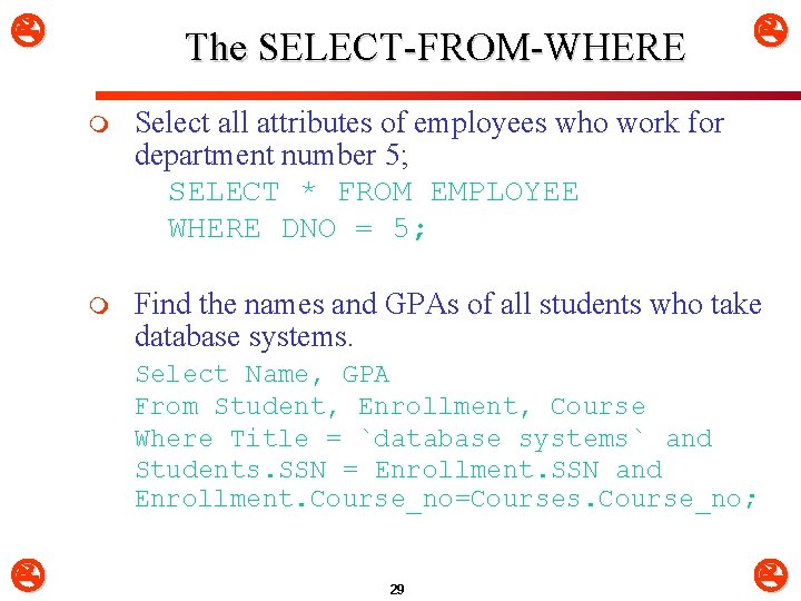 The SELECT-FROM-WHERE m Select all attributes of employees who work for department number