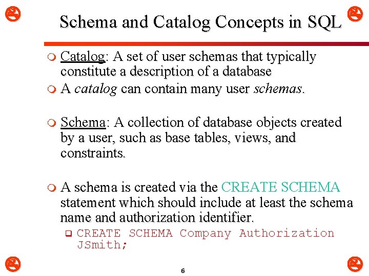  Schema and Catalog Concepts in SQL Catalog: A set of user schemas that