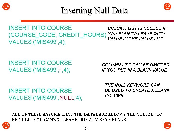  Inserting Null Data INSERT INTO COURSE COLUMN LIST IS NEEDED IF (COURSE_CODE, CREDIT_HOURS)