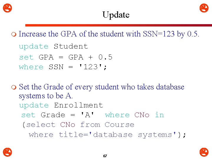  Update m Increase the GPA of the student with SSN=123 by 0. 5.