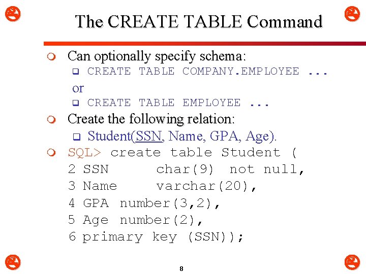  The CREATE TABLE Command m Can optionally specify schema: q CREATE TABLE COMPANY.